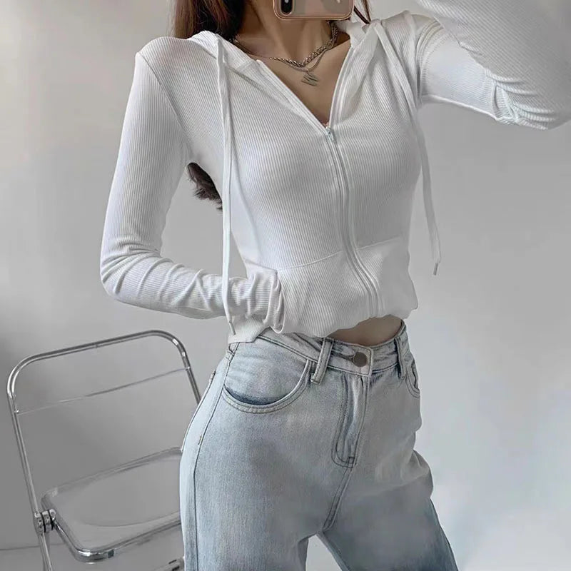 Fall Fashion Crop Hooded Cardigan Women Y2K Korean Slim Solid Zipper Long Sleeve Coats Harajuku Streetwear Sports Cardigan Tops voguable