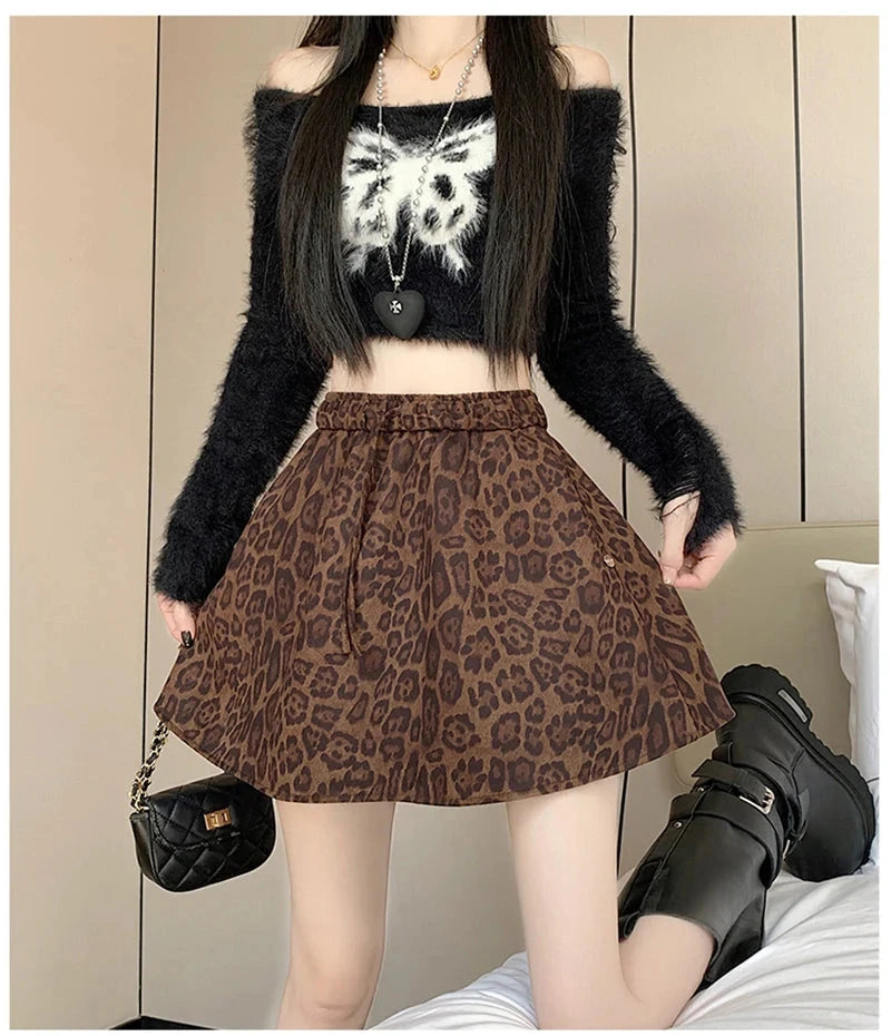 Y2K Leopard Mini Skirt Women High Waist Faux Suede Fabric A Line Skirts Streetwear Fall Winter Loose Vintage Sexy Skirts voguable