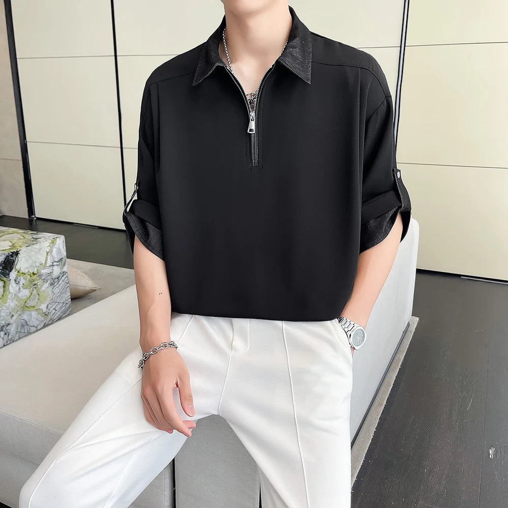 Mens Casual Polo Shirt Half Zip Contrast Collar Loose Fit Comfortable Turn Down Collar Tshirt Relaxed Breathable Top Fashion voguable