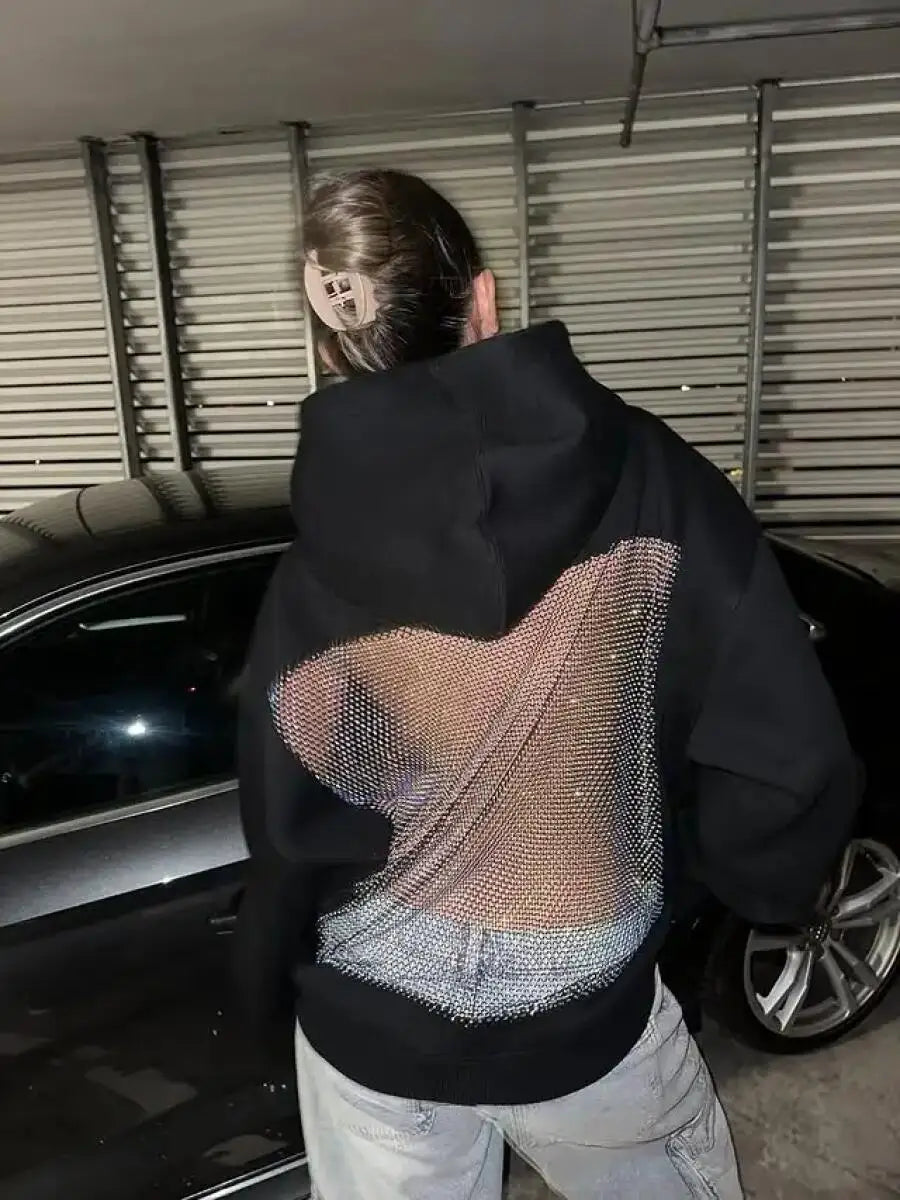 Voguable  Y2K American Gothic Mesh Hoodie Women Sexy Translucent Pullover Long Sleeve Classic Casual Sweatshirt Jacket voguable