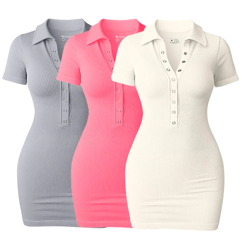 Voguable  Short Sleeve Slit Sexy Mini Dress Elegant Fashion Ribbed V-Neck Dresses For Women Cute Solid Color Summer Dresses voguable