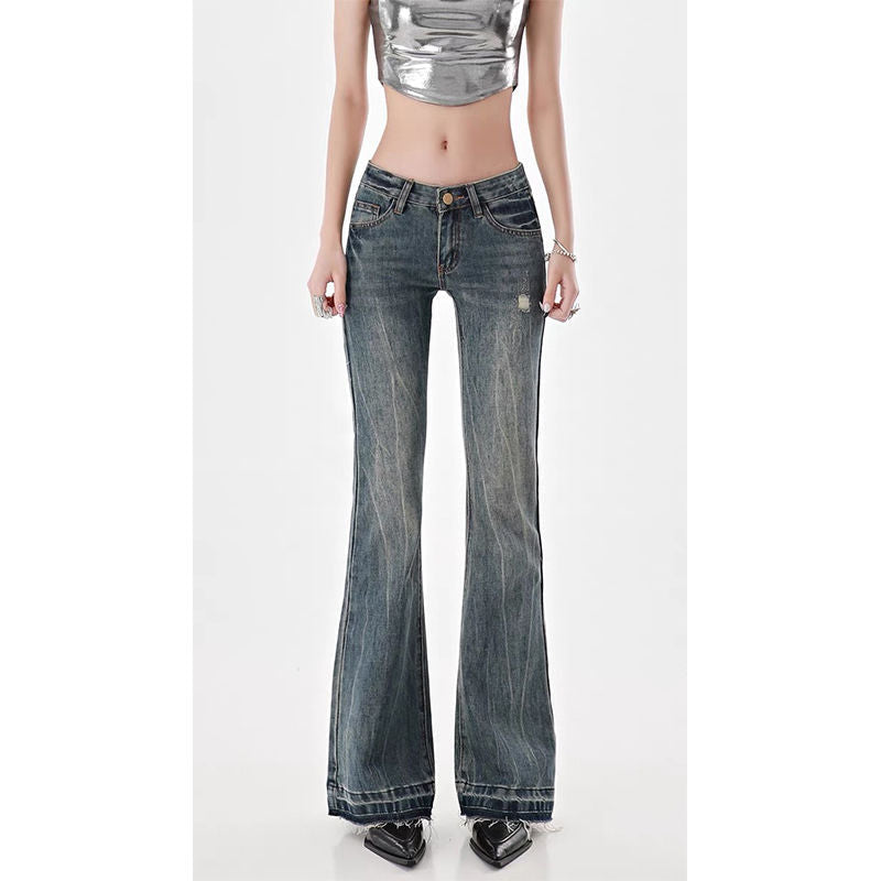 American High Street Spicy Girls Low Waist Jeans Women Autumn Vintage Y2k Design Sense Slim Fit Straight Tube Micro Flare Pants voguable