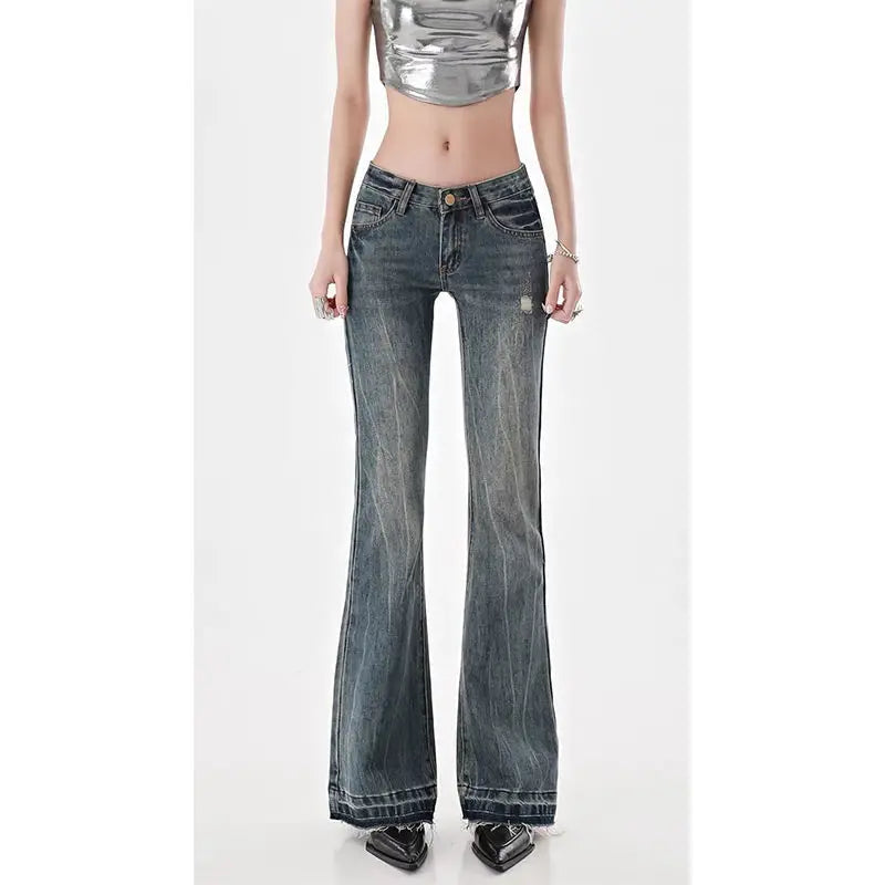 American High Street Spicy Girls Low Waist Jeans Women Autumn Vintage Y2k Design Sense Slim Fit Straight Tube Micro Flare Pants voguable