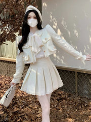 Voguable  Spring New French Vintage Tweed Two Piece Set Women Short Jacket Coat + Pleated Skirt Suits Korean Ladies Luxury Outfits voguable
