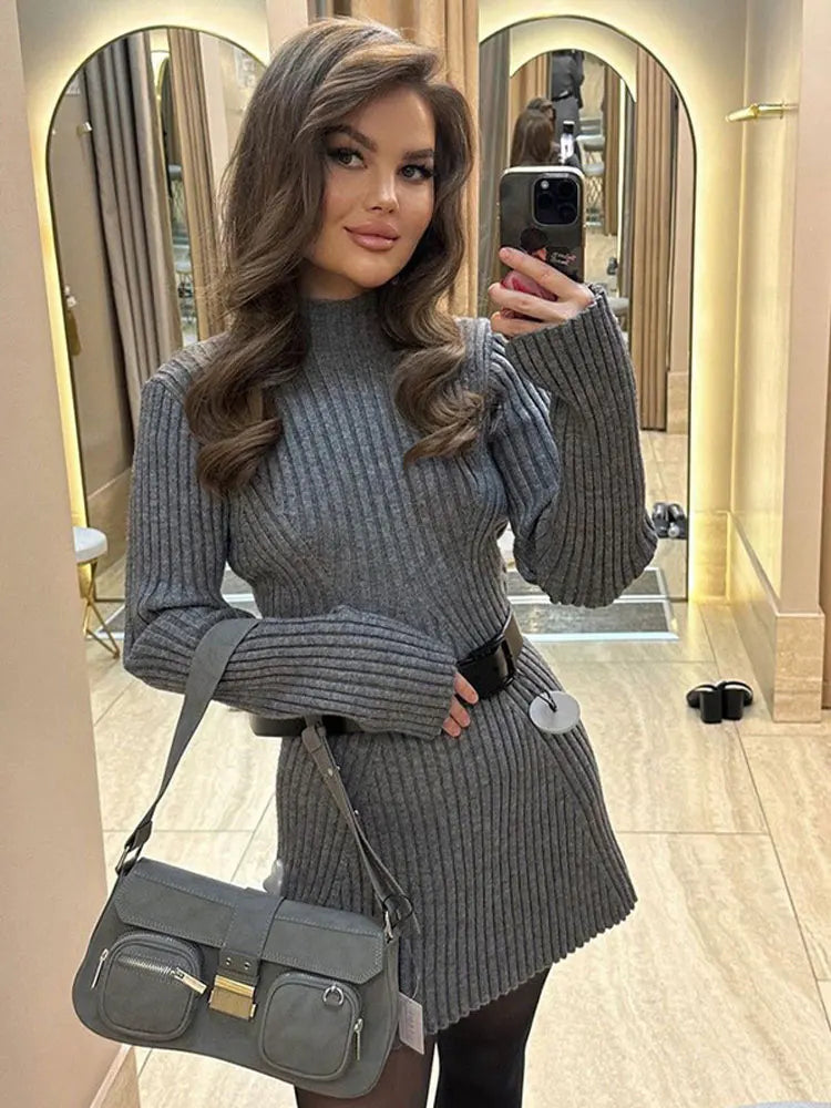 Women Elegant Solid Knitted Mini Dress Fashion Long Sleeve O Neck Ribbed Dresses Autumn Winter Female Streetwear Robes voguable