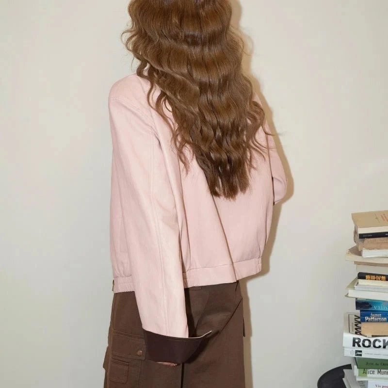 Pink Vintage Biker Pu Jacket Women Long Sleeve American Casual Y2K Coat Fall Winter Moto Female O Neck Streetwear Retro Top voguable