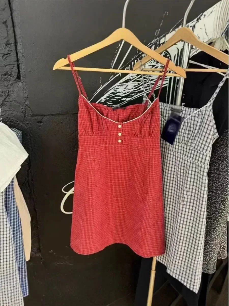Voguable  Red Plaid V-neck Mini Summer Casual Dress Women Buttons Lace Trim A-line Sweet Short Vestidos Preppy Style Y2K Dresses voguable