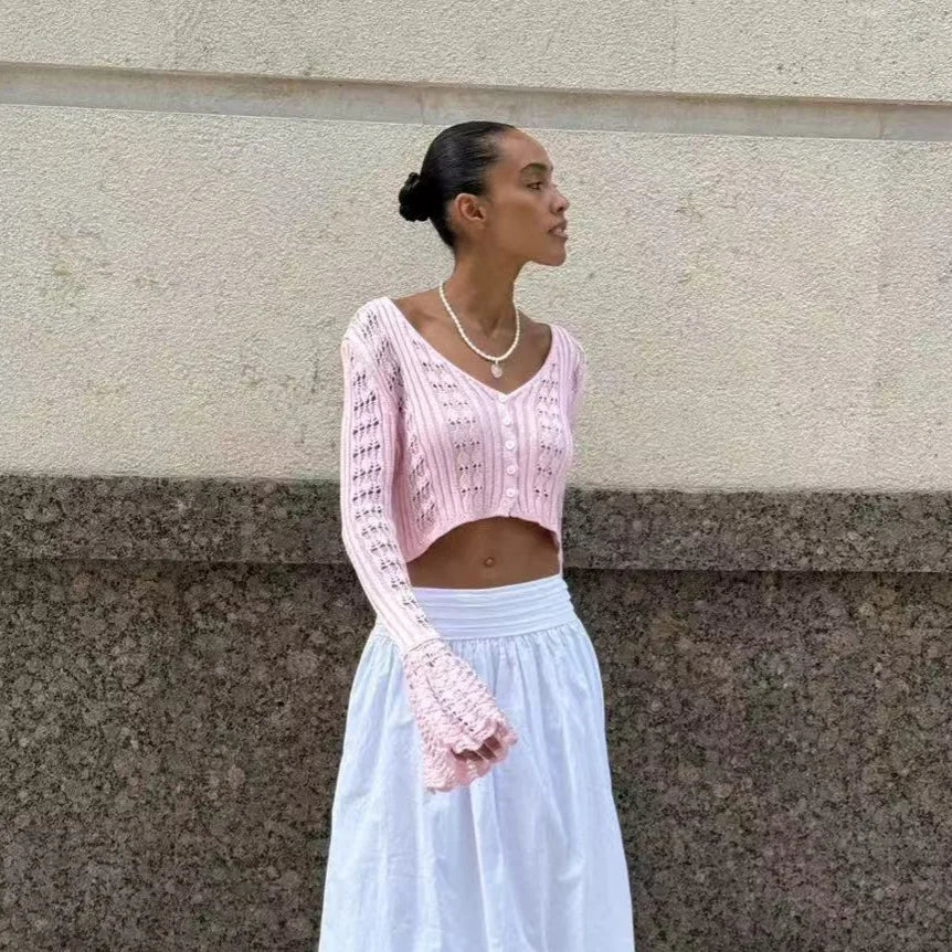 2025 New Knit Flare Sleeve V-neck Hollow Out Short Coat Fashion Casual Button Transparent Summer Cardigan Top Cover-up Jacket voguable