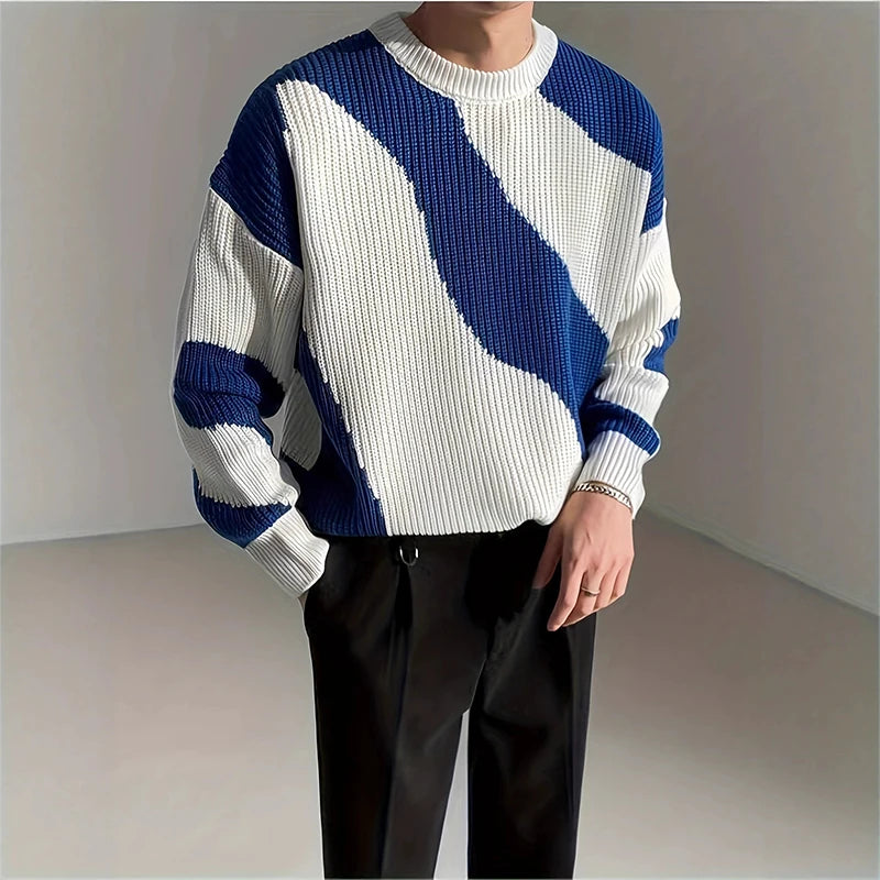 New Japanese Trendy Men Sweater High Street Patchwork Knitted O Neck Long Sleeve Pullover Casual Loose Premium Quality Knitwear voguable