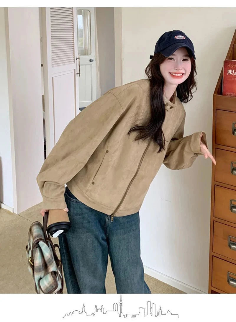 Women Faux Suede Y2K Jacket Streetwear Loose Long Sleeve Vintage Coat American Casual Harajuku Retro Stand Collar Fall Tops voguable