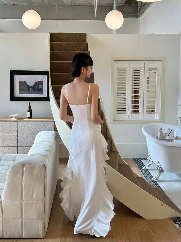 Y2K Streetwear Lace Camisole Dress Women Aesthetic Ruffle Slim Irregular Midi Dress Summer Club Party All Match Ladies Vestidos voguable