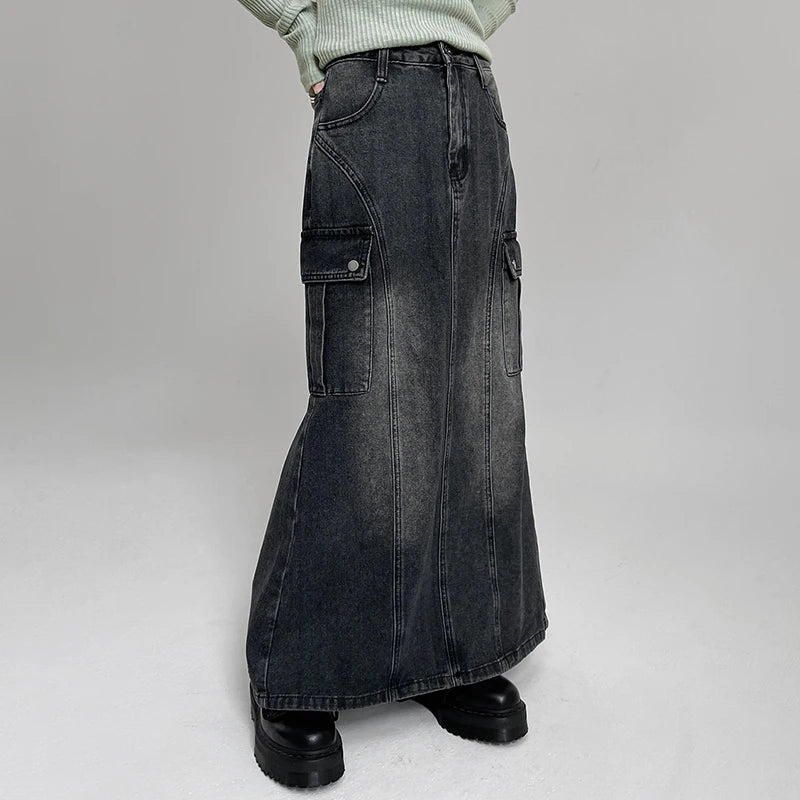 Voguable Vintage Pocket Split Washed Denim Maxi Skirt High Waist Women Y2K Streetwear Long Skirts Harajuku Korean Fairy Grunge voguable