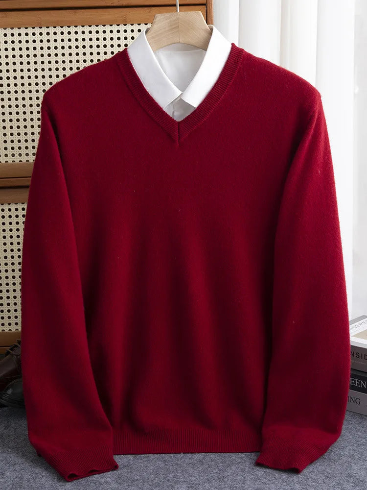Men 100% Merino Wool Sweater V-Neck Pullover Autumn Winter Cashmere Warm Solid Knitwear Clothes Business Bottoming Soft Tops voguable