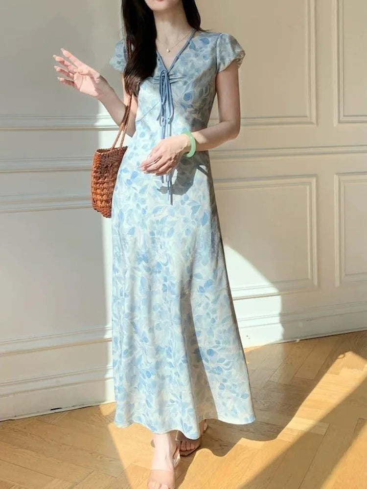 Sweet Blue Print Long Dress Women Slim Vintage V Neck Elegant Dress Casual French Retro Lace Up Female Soft Vestidos New voguable