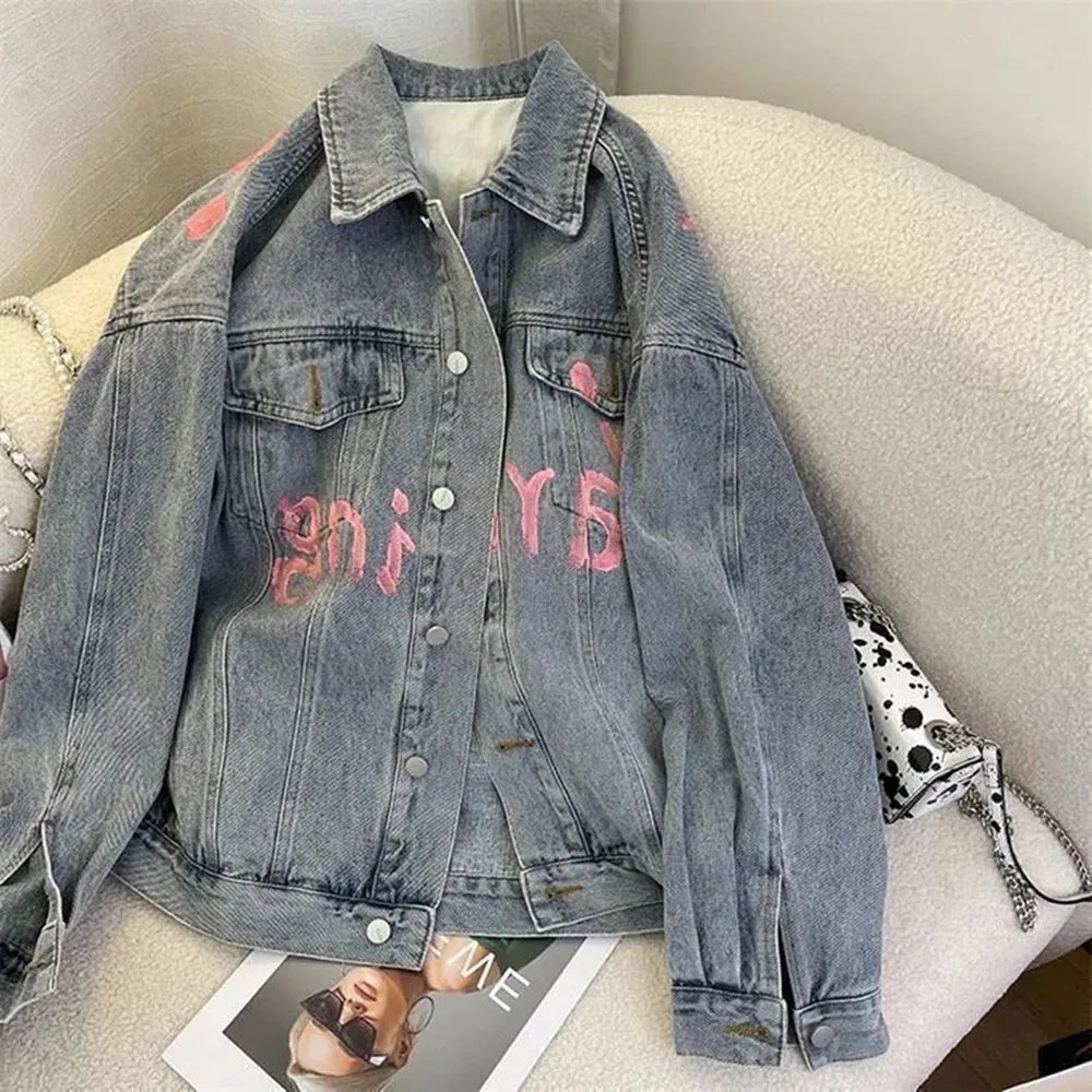 Voguable  Denim Jacket Womens Clothing Autumn Winter Korean Printed Jeans Coat Female Retro Pop Street Loose Denim Top voguable