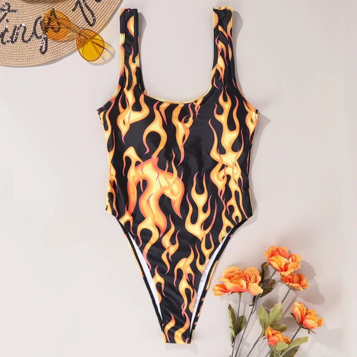 Voguable  Flame-print One-piece Swimsuit Women Sexy U-neck Slim Beach Bikini Suspender Backless Monokini Summer Swimwear Bodysuit voguable