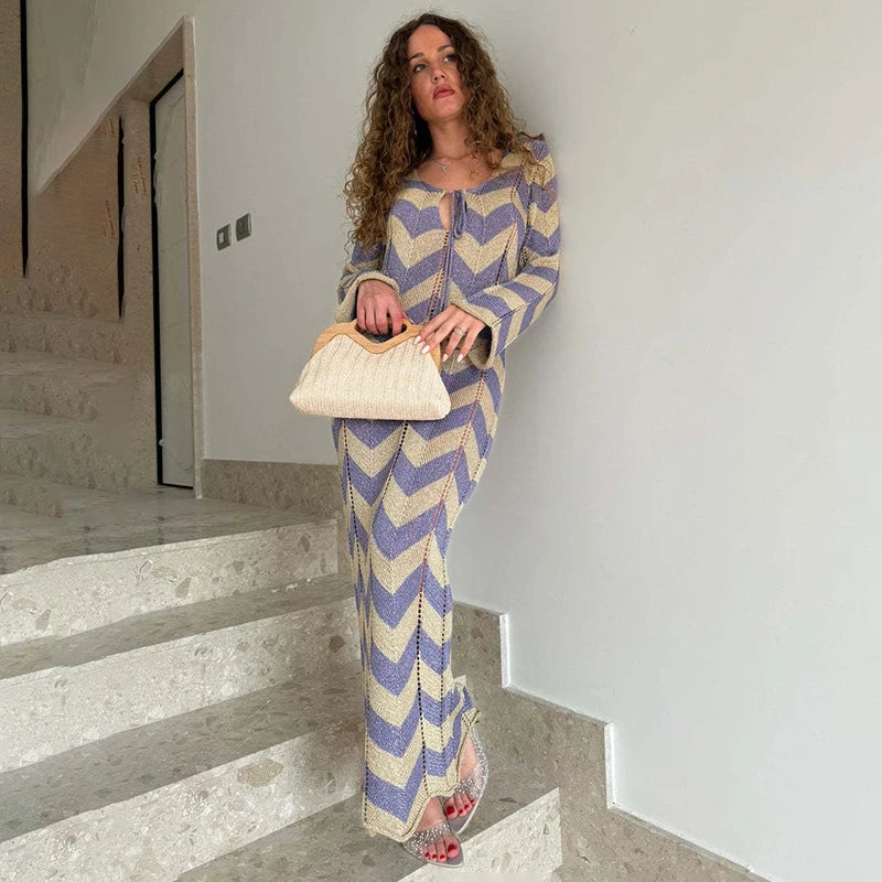 TARUXY Autumn New Lace Up Hollow Sexy Beach Cover Up Dress Women's  Stripled Long Sleeve Slim Elegant Knitted Maxi Dress V Neck voguable