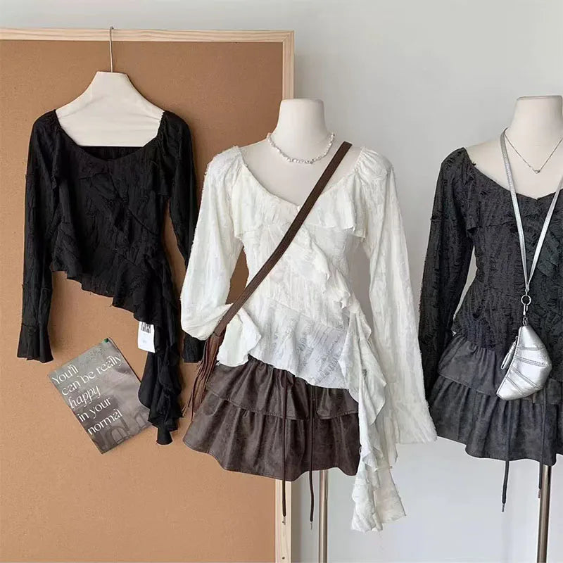 Irregular Patchwork Women T Shirts Y2K Fashion Gothic Ruffled Sleeve Female Tops Streetwear Sexy Hollow Out Hole Casual Tees New voguable