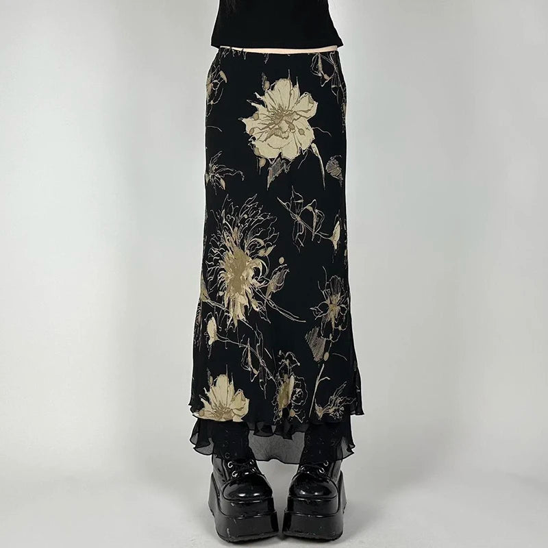 Vintage Floral Print Low Rise Long Skirt Streetwear 90s Slim-fitting Women's Skirts Harajuku y2k Aesthetic Ladies Bottoms voguable