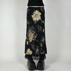 Vintage Floral Print Low Rise Long Skirt Streetwear 90s Slim-fitting Women's Skirts Harajuku y2k Aesthetic Ladies Bottoms voguable