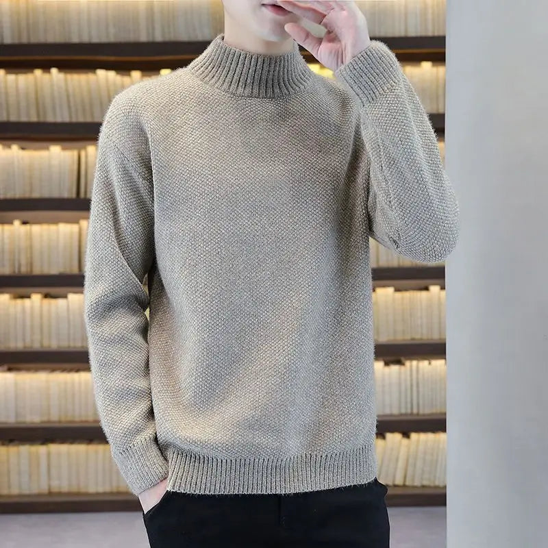 Autumn Winter New Fashion Long Sleeve Half High Collar Solid Pullovers Men's Clothing All-match Knitting Korean Simplicity Tops voguable
