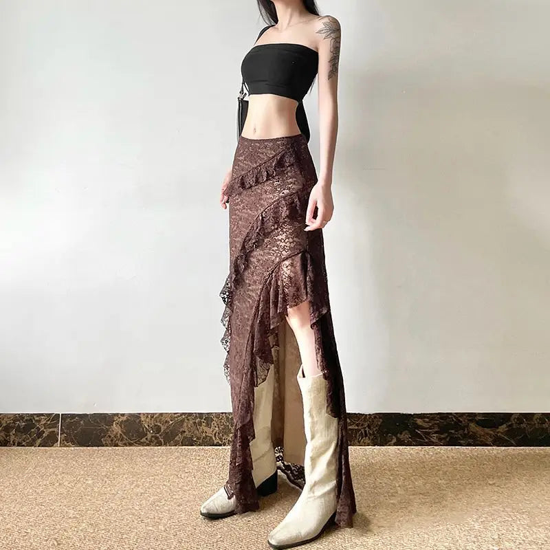 Design Sense Vintage Vintage Style Ruffled Cake Slit Skirt for Women voguable
