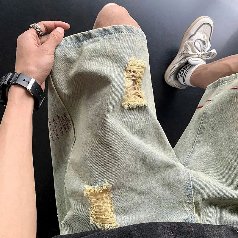 Voguable  Men Five-point Ripped Summer Thin Style Wear New Versatile Loose Denim Shorts voguable