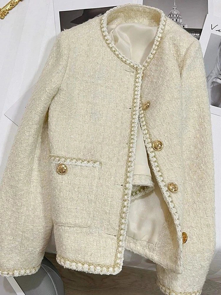 French Sweet Tweed Jacket Women O Neck Elegant Slim Long Sleeve Coat Vintage Casual Single Breasted Female Fall Winter Tops voguable