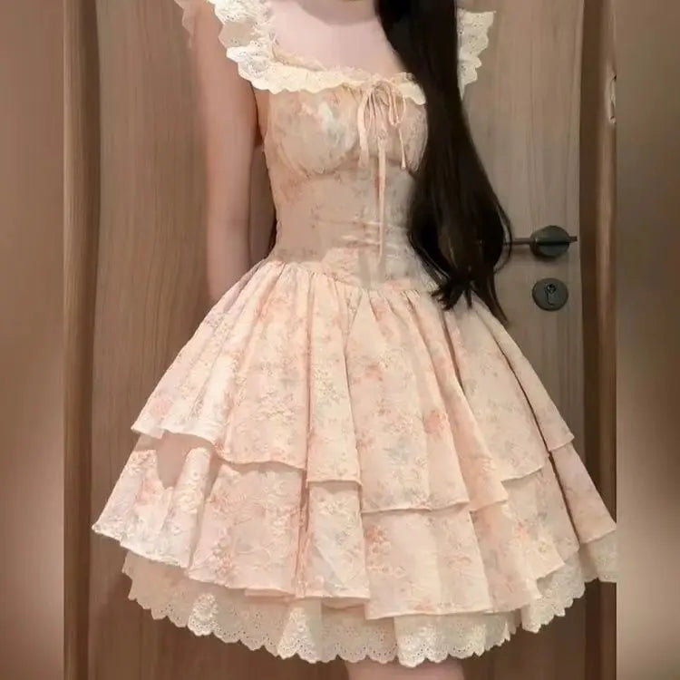 Voguable  French Style Women's Dress Flying Sleeve Summer Patchwork Lace Short Dress Princess Ball Gown Girl Party Dress voguable