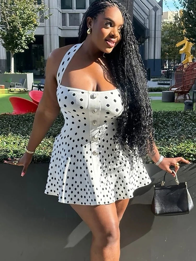 Halter Backless Polka Dot Dress For Women Fashion Square Collar Sleeveless High Waist A-line Knit Mini Dress Elegant voguable