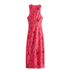 Voguable  Sexy Women Twisted Round Neck Sleeveless Floral Print Satin Dress Side Gathers Slit Hem Female Summer Long Dresses voguable