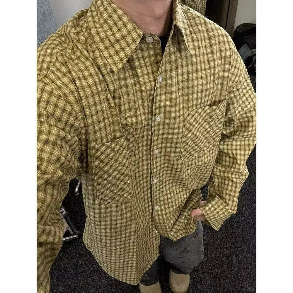American Retro Yellow Plaid Shirt Men Women Spring and Autumn Korean Casual Loose Sun Protection Thin Couple Fashion Trend Shirt voguable