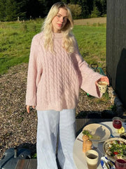 Elegant Sweet Pink Round Neck Knitted Sweater Women Casual Long Sleeve Loose Warm Pullover 2024 New Autumn Lady Commute Knitwear voguable