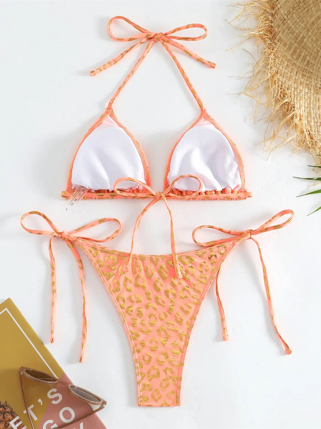 Voguable Sexy Orange Leopard Print Bikini Set 2024 Women Halter Push Up Bra Tie Side Thong Swimsuit Summer Backless Bathing Suit Swimwear voguable