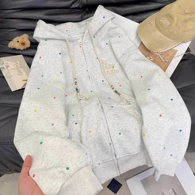 Vintage Dot Sweet Hoodies Women Letter Embroidery Cute Loose Sweatshirts Casual Preppy Style Long Sleeve Lady Japan Tops voguable
