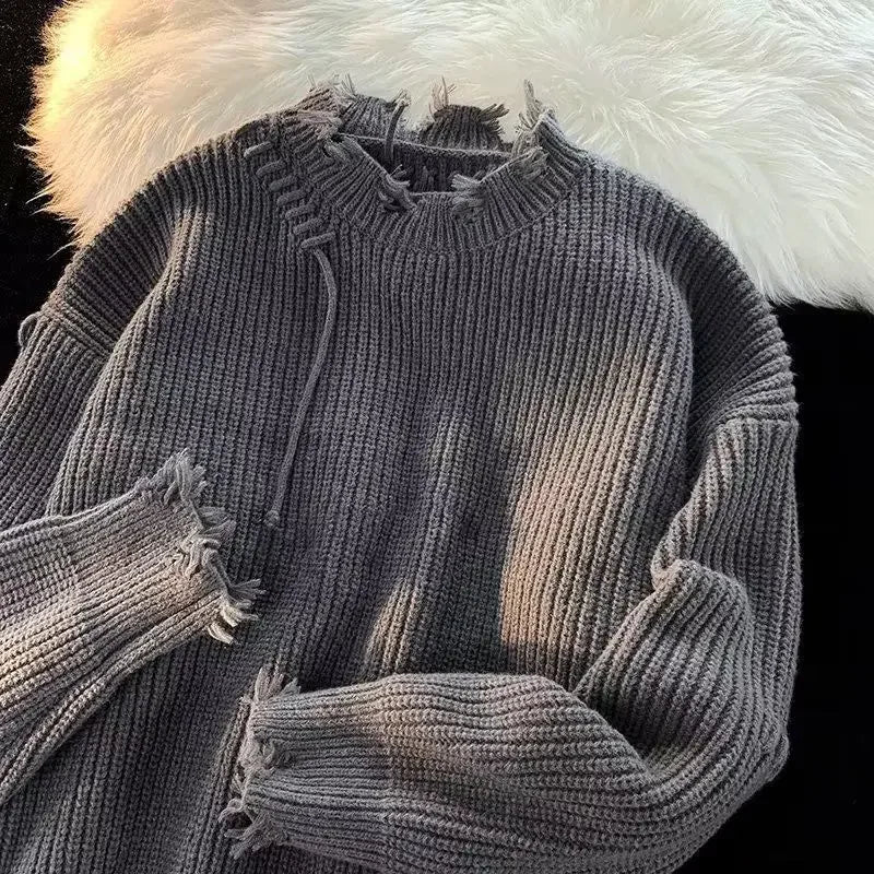 Voguable  Knitted Sweaters for Men Solid Color Crewneck Man Clothes Pullovers Round Collar Plain with Holes Beige Torn Thick Winter Street voguable