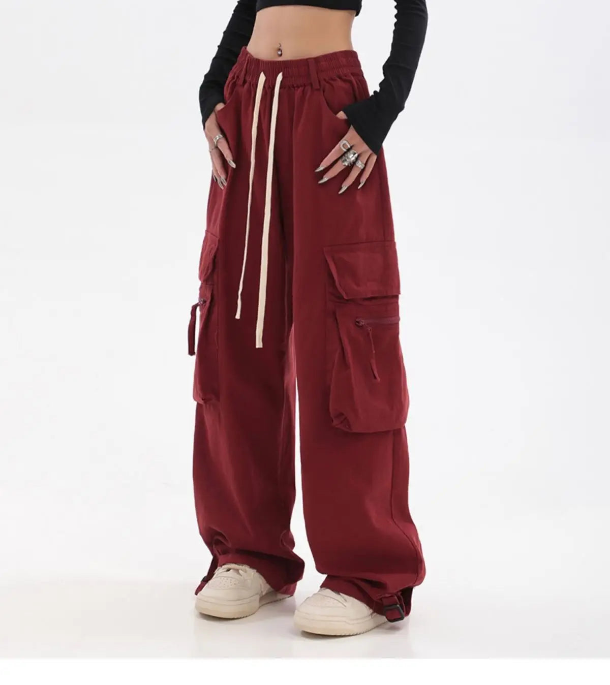 Streetwear Vintage Hip Hop Oversize Red Cargo Pants Women Drawstring Elastic Waist Loose Wide Leg Harajuku Casual Trousers 2023 voguable