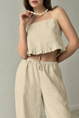 100% Cotton Ruffle Camisole And Loose Long Trouser Two Piece Set 2025 New Casual Summer Women Sets Homewear Sleepwear Pajamas voguable