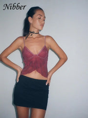 Nibber Mesh See Through Printed Vest Women Sexy Casual V-neck Sleeveless Suspender Camisole Patchwork Tank Top Streetwear voguable