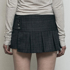 Voguable  Vintage Plaid Print Buttons Irregular Hem Pleated Skirt Khaki Grey Preppy Style Sweet High Waist Mini Skirts Korean voguable
