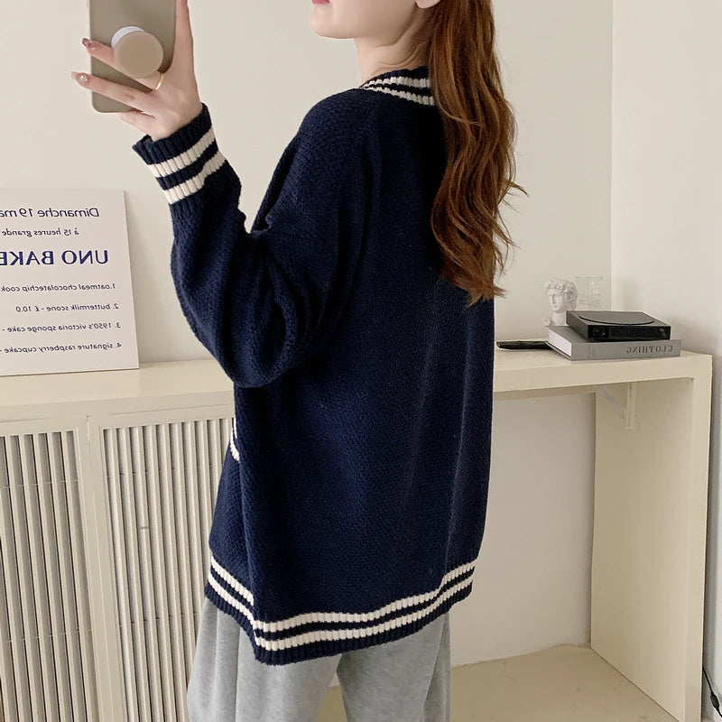 Women Cardigan Sweater Varsity Striped Front Pocket Long Sleeve Button-up Knit Sweater Jacket College Student Girl Preppy Style voguable