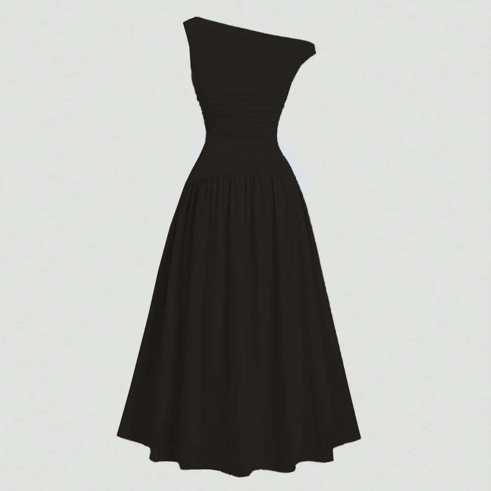 Dresses Summer French Plain Asymmetrical Folds Sleeveless One-Shoulder Draped Midi Basics Dresses For Women voguable