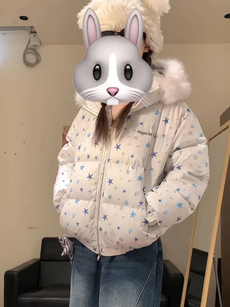 Women Winter Stars Sweet Parkas Fashion Hooded Warm Cute Puffy Coat Japan Long Sleeve Loose Female Preppy Style Chic Jacket New voguable