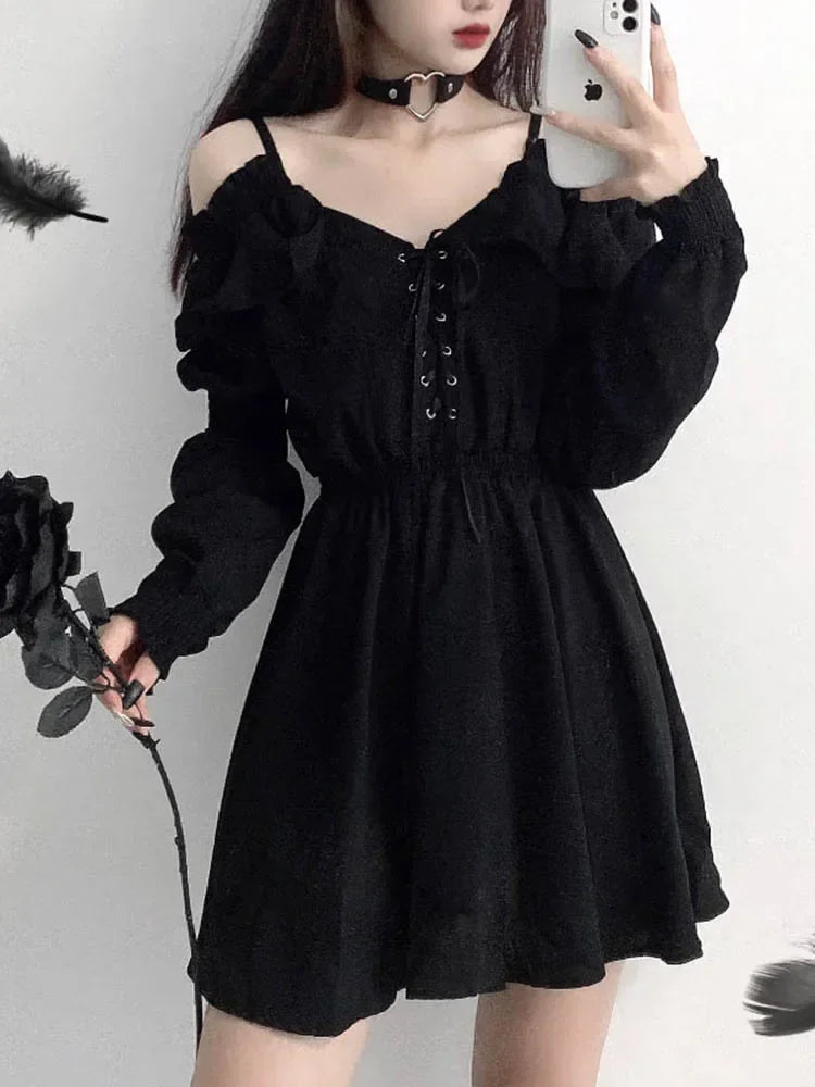 Harajuku Gothic Women Dress Y2K Summer Sexy Off Shoulder Black Bandage Mini Dress Fashion Elegant Party Night Vestidos New voguable