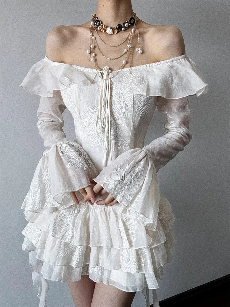 Sweet Ruffle Dress Women Y2K Sexy Off Shoulder Lace Up Long Sleeve Mini Dress Fashion Irregular Party Club Vestidos Mujer voguable