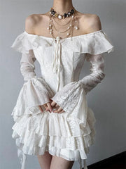Sweet Ruffle Dress Women Y2K Sexy Off Shoulder Lace Up Long Sleeve Mini Dress Fashion Irregular Party Club Vestidos Mujer voguable