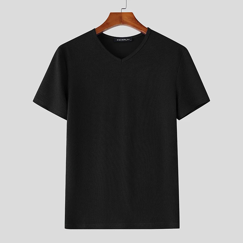 2025 Men's T Shirt Solid V Neck Short Sleeve Summer Streetwear Casual Male Tee Tops Korean Style Fashion Men Clothing voguable