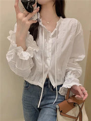Sexy Slim Cropped White Shirt Women Sweet Lace Patchwork Flare Sleeve Blouse Fashion Fall Ruffled Neck Elegant Korean Chic Tops voguable