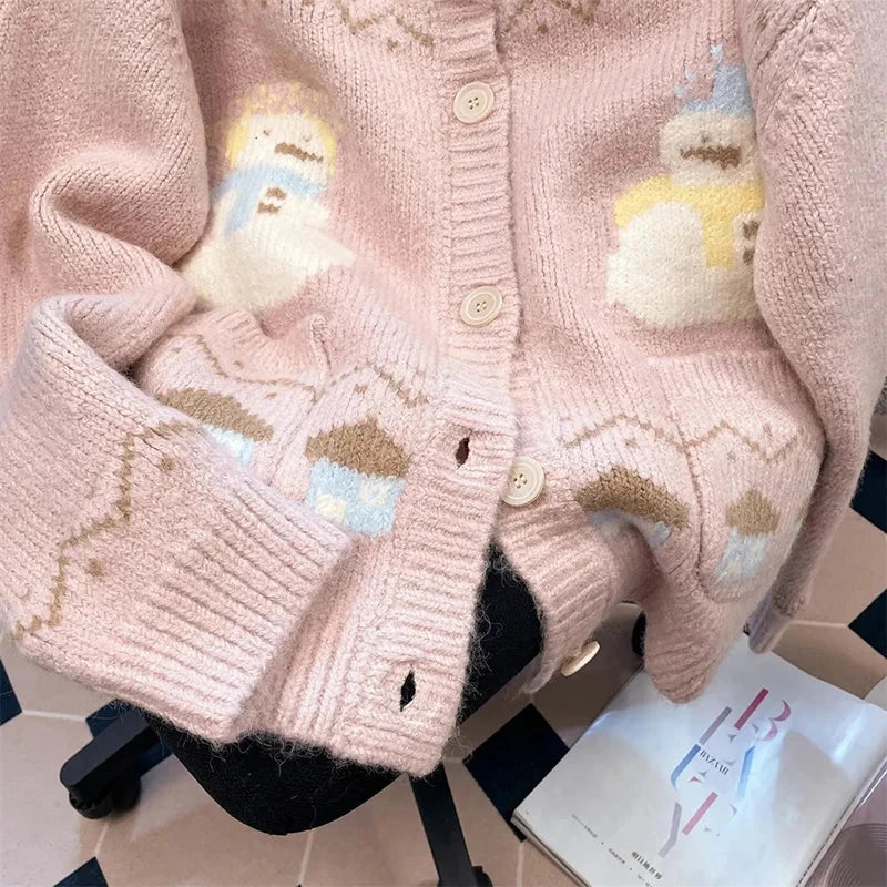 Cute Snowmen Pink Cardigan Sweater Women Vintage Sweet Print Loose Knitted Coat Japan Fall Winter Kawaii Female O Neck Tops voguable
