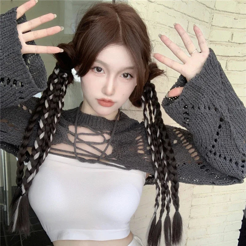 Voguable 2024 Summer New Korean Hollow Sexy Backless Lace-up Solid Color Long-sleeved Sweater Women + Basic Camisole Two-piece Suit voguable